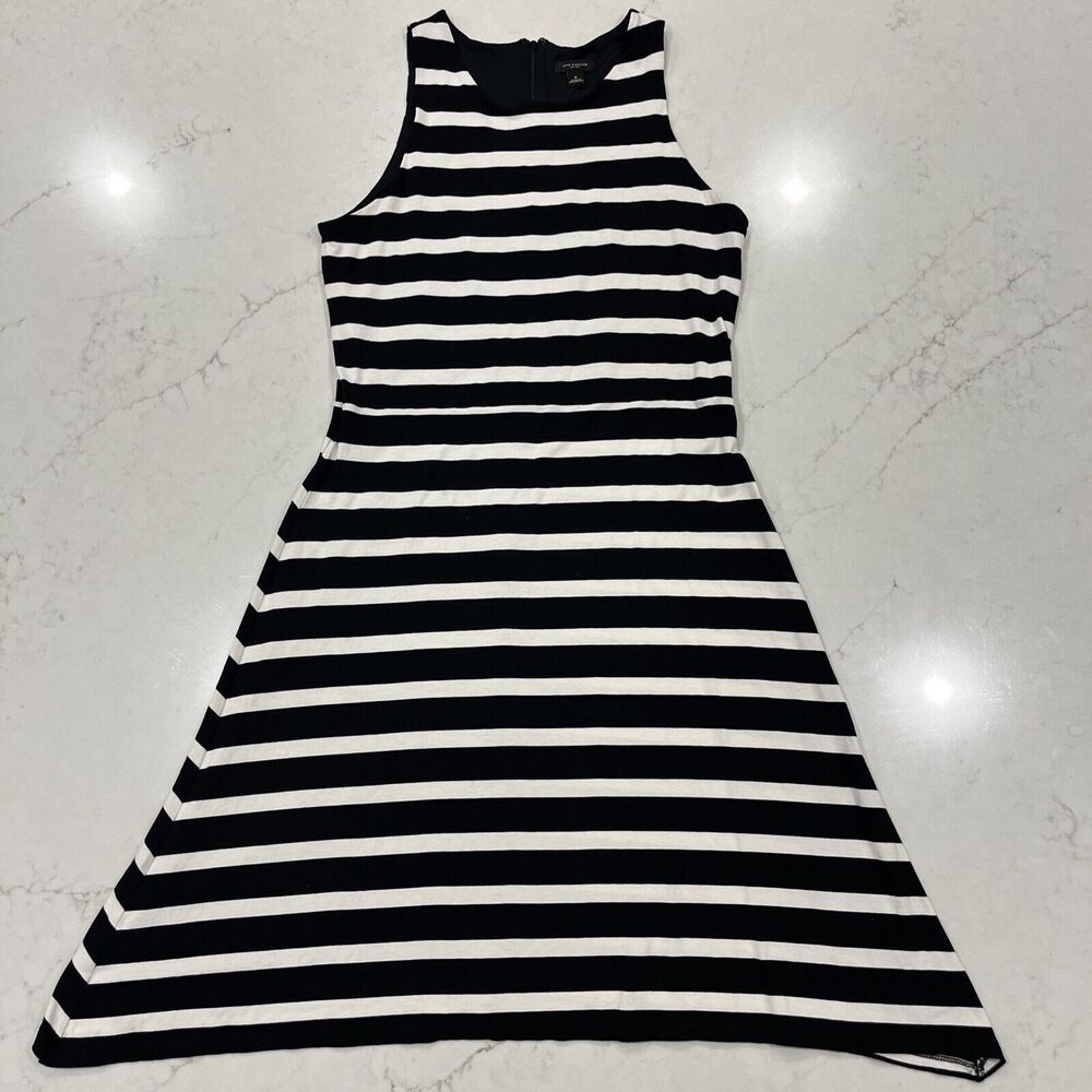 Ann Taylor Size 8 Jersey Knit Sleeveless A-Line Dress Black Cream Stripe Lined